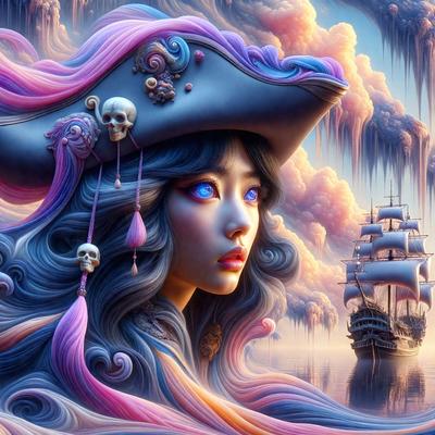 The primary subject of the image is a woman wearing a pirate hat and a blue dress. She is standing in front of a ship, which serves as the setting for the scene. The visual style of the image is digital art, as it is a colorful and detailed illustration. The dominant colors in the image are blue and pink, creating a vibrant and lively atmosphere.